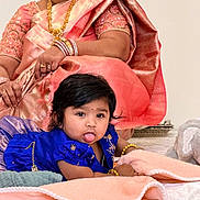 Krithya Repaka is registered to the contest to win money with this photo: baby, child, woman, saree, jewelry, blue_dress, blanket, floor, indoor, cute, tongue_out, bracelet, gold, traditional_clothing, portrait, person, infant, candid, family, soft_texture