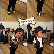 Jure is registered to the contest to win money with this photo: child, portrait, collage, indoor, standing, smiling, curly_hair, headband, vest, white_shirt, black_pants, sneakers, fashion, costume, rockstar, wooden_floor, home, furniture, sticker, social_media