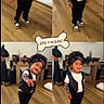 child, portrait, collage, indoor, standing, smiling, curly_hair, headband, vest, white_shirt, black_pants, sneakers, fashion, costume, rockstar, wooden_floor, home, furniture, sticker, social_media