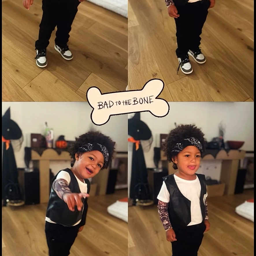 Jure is registered to the contest to win money with this photo: child, portrait, collage, indoor, standing, smiling, curly_hair, headband, vest, white_shirt, black_pants, sneakers, fashion, costume, rockstar, wooden_floor, home, furniture, sticker, social_media