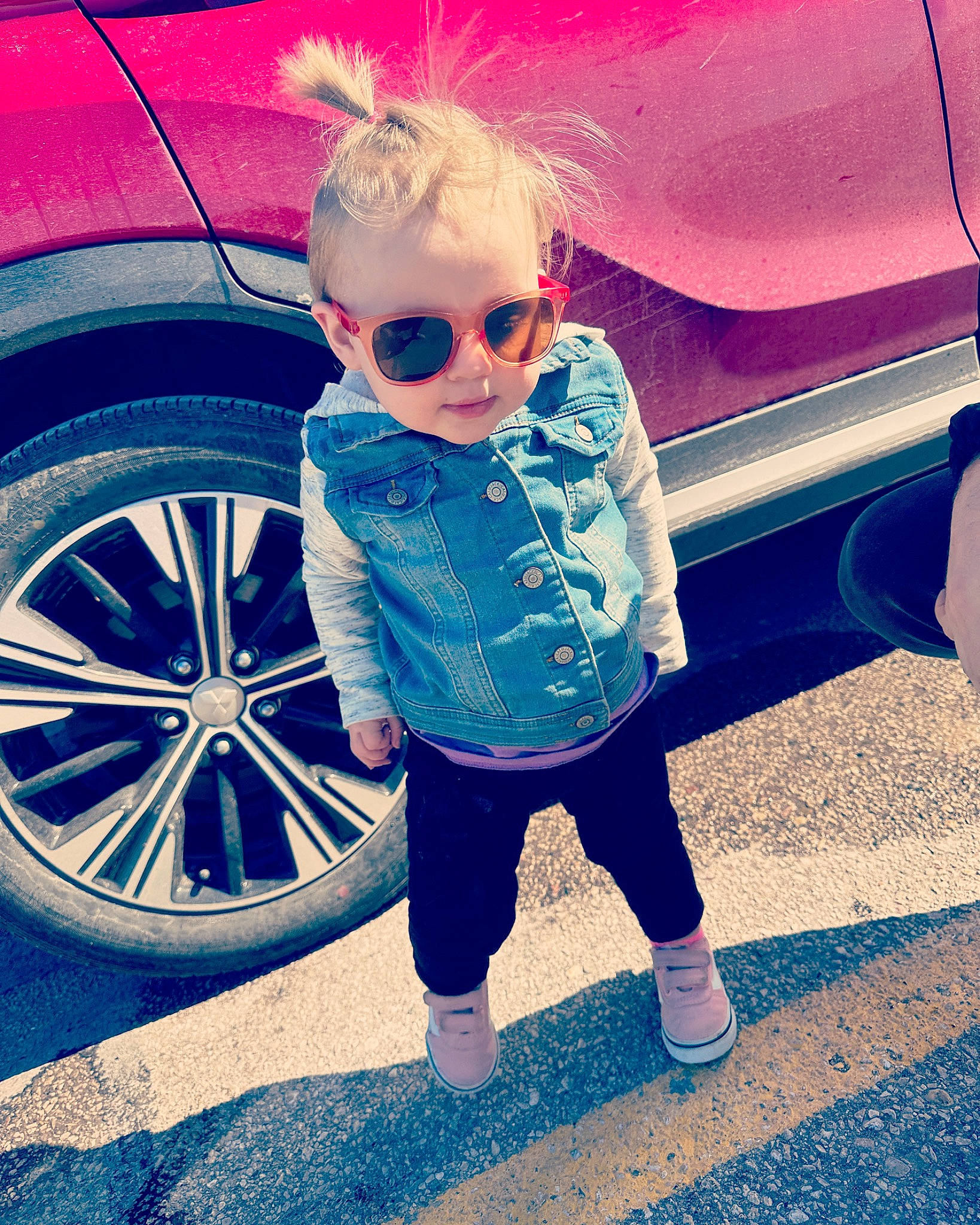 Finley joined the competition — help win amazing prizes! alloy_wheel, automotive_design, automotive_exterior, automotive_lighting, automotive_tire, bumper, car, cool, electric_blue, eyewear, glasses, goggles, happy, person, sunglasses, tints_and_shades, tire, toddler, vehicle_door, vision_care