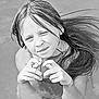 child, girl, water, winking, hand_gesture, long_hair, black_and_white, portrait, smile, playful, outdoor, necklace, earrings, water_surface, person, young, happy, gesture, summer, fun