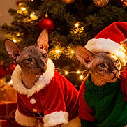 Luca And Levi joined the competition — help win amazing prizes! sphynx_cat, cat, hairless_cat, christmas_tree, christmas_lights, ornaments, holiday, festive_clothing, santa_suit, santa_hat, green_sweater, presents, gift_boxes, decorations, indoor, pet, animal, celebration, warm_lighting, holiday_season