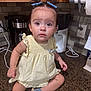Gianna joined the competition — help win amazing prizes! toddler, child, baby, kitchen, countertop, dress, blue_hair_clips, sandals, appliances, paper_towel, curious, sitting, indoor, person, face, expression, small_child, hair, brown_hair, tile_wall