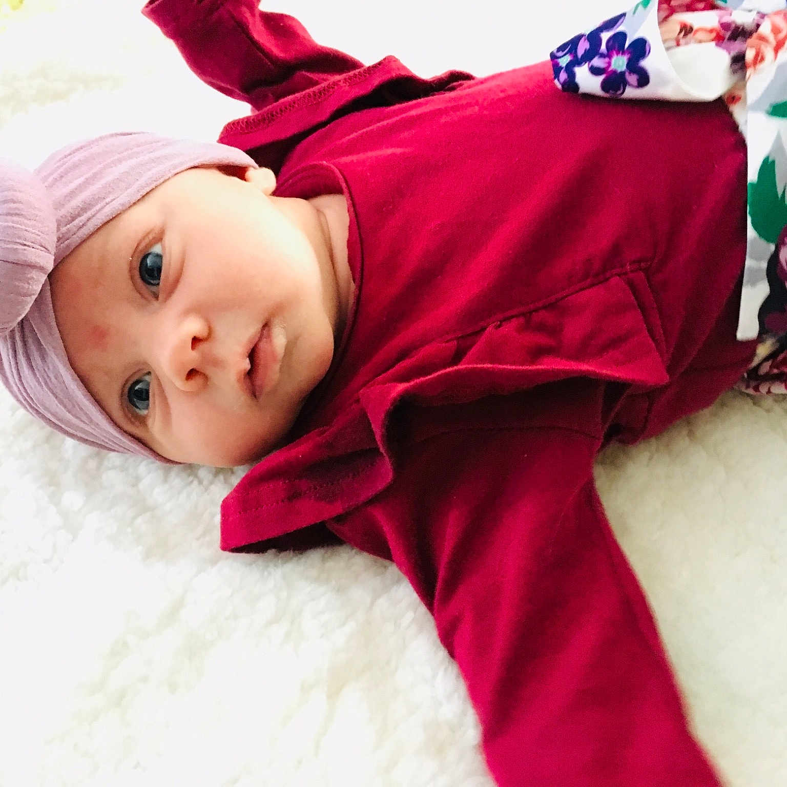 Maebelle joined the competition — help win amazing prizes! baby, beauty, cheek, child, child_model, ear, eye, face, head, headgear, headwear, mouth, nose, outerwear, person, pink, plant, purple, red, skin