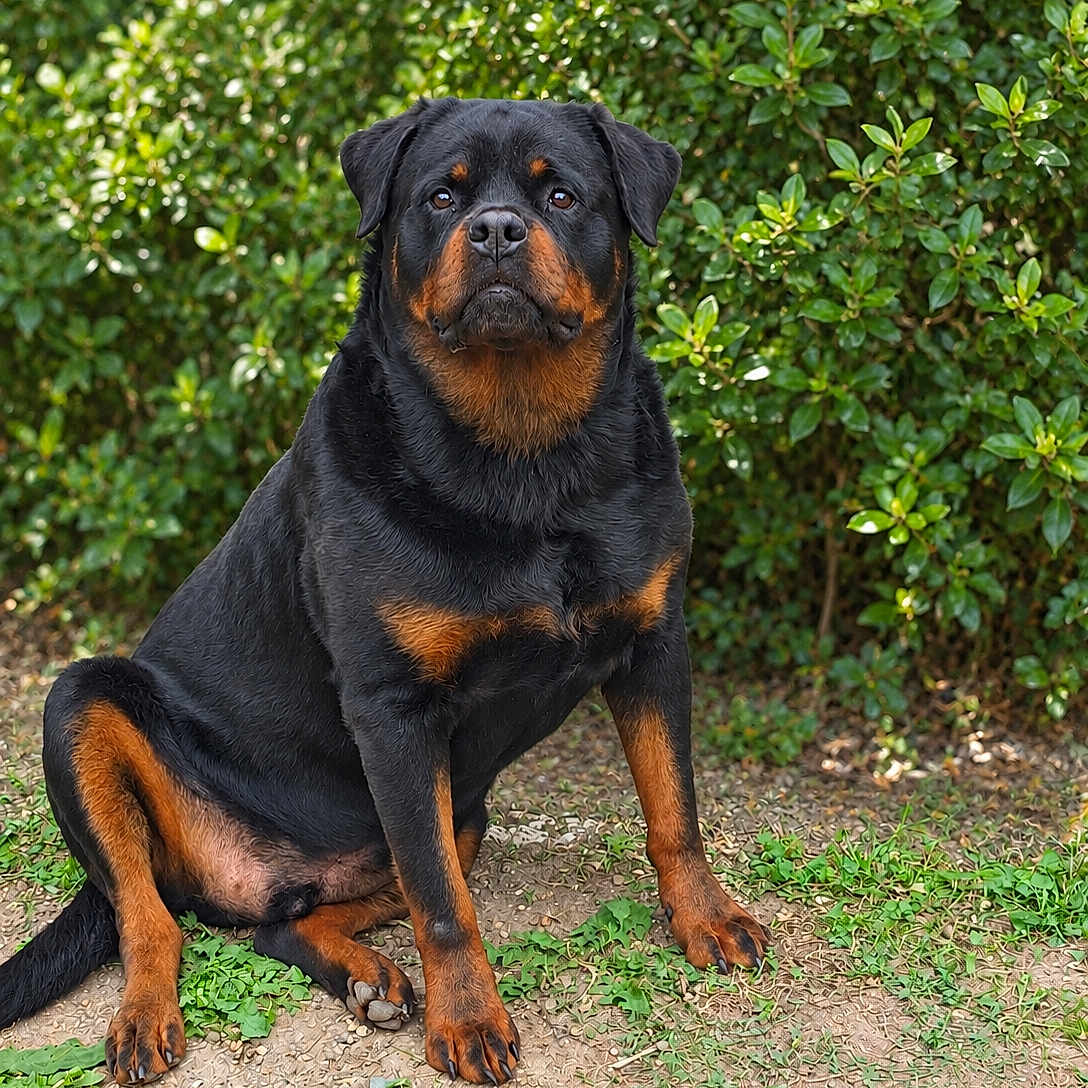 Narco participe au concours pour gagner de l'argent avec cette photo : dog, rottweiler, canine, pet, animal, sitting, portrait, outdoor, garden, hedge, greenery, black_and_tan, short_hair, large_dog, serious_expression, looking_at_camera, paws, grass, ground, nature