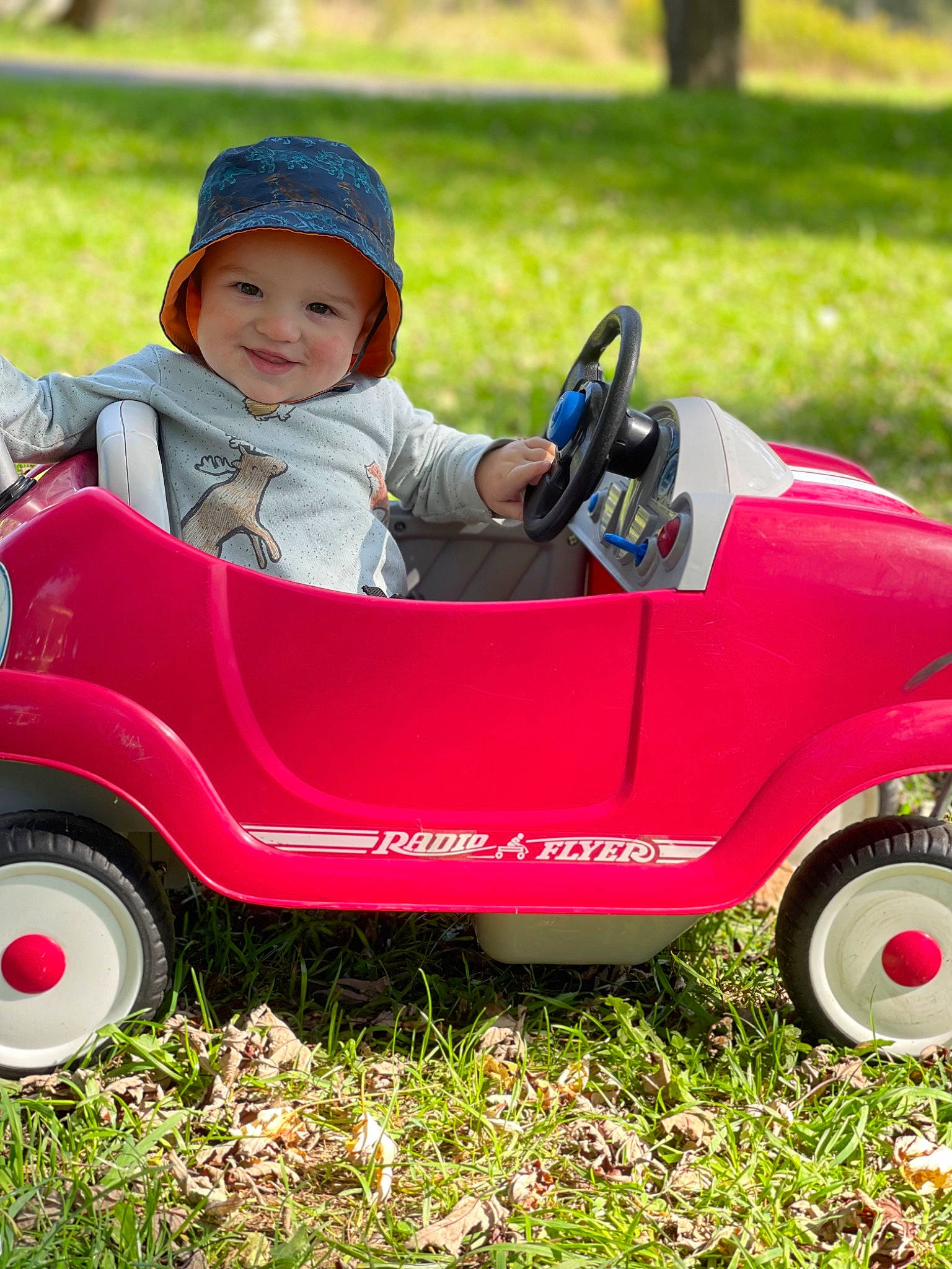 Mason is registered to the contest to win money with this photo: automotive_design, automotive_tire, automotive_wheel_system, baby, baby_toddler_clothing, child, fun, grass, headwear, joy, land_vehicle, lawn, mode_of_transport, motor_vehicle, people_in_nature, person, riding_toy, smile, tire, toddler