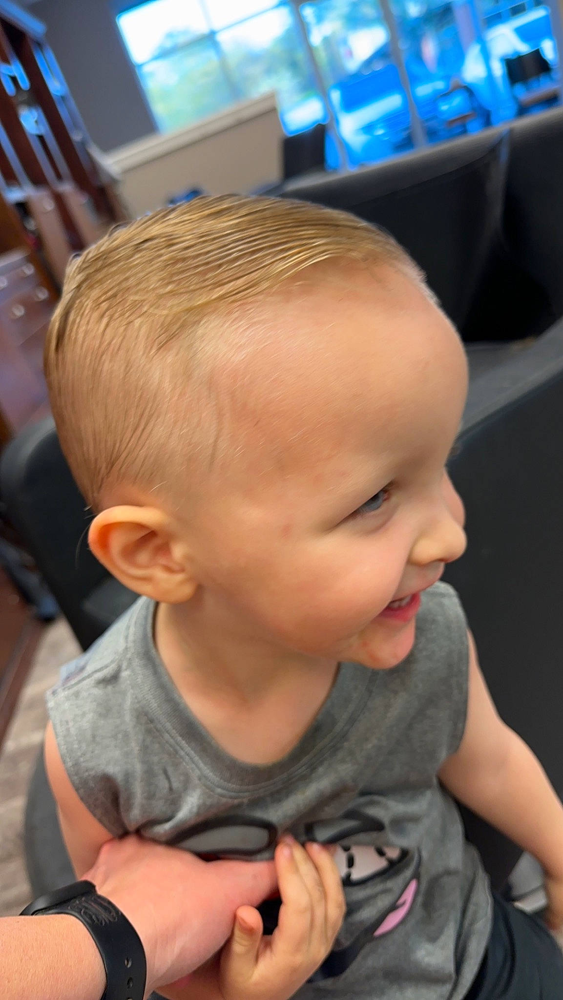 Carter joined the competition — help win amazing prizes! baby, baby_toddler_clothing, blue, buzz_cut, chair, cheek, child, chin, crew_cut, ear, eyebrow, eyelash, forehead, fun, neck, nose, person, sitting, skin, smile