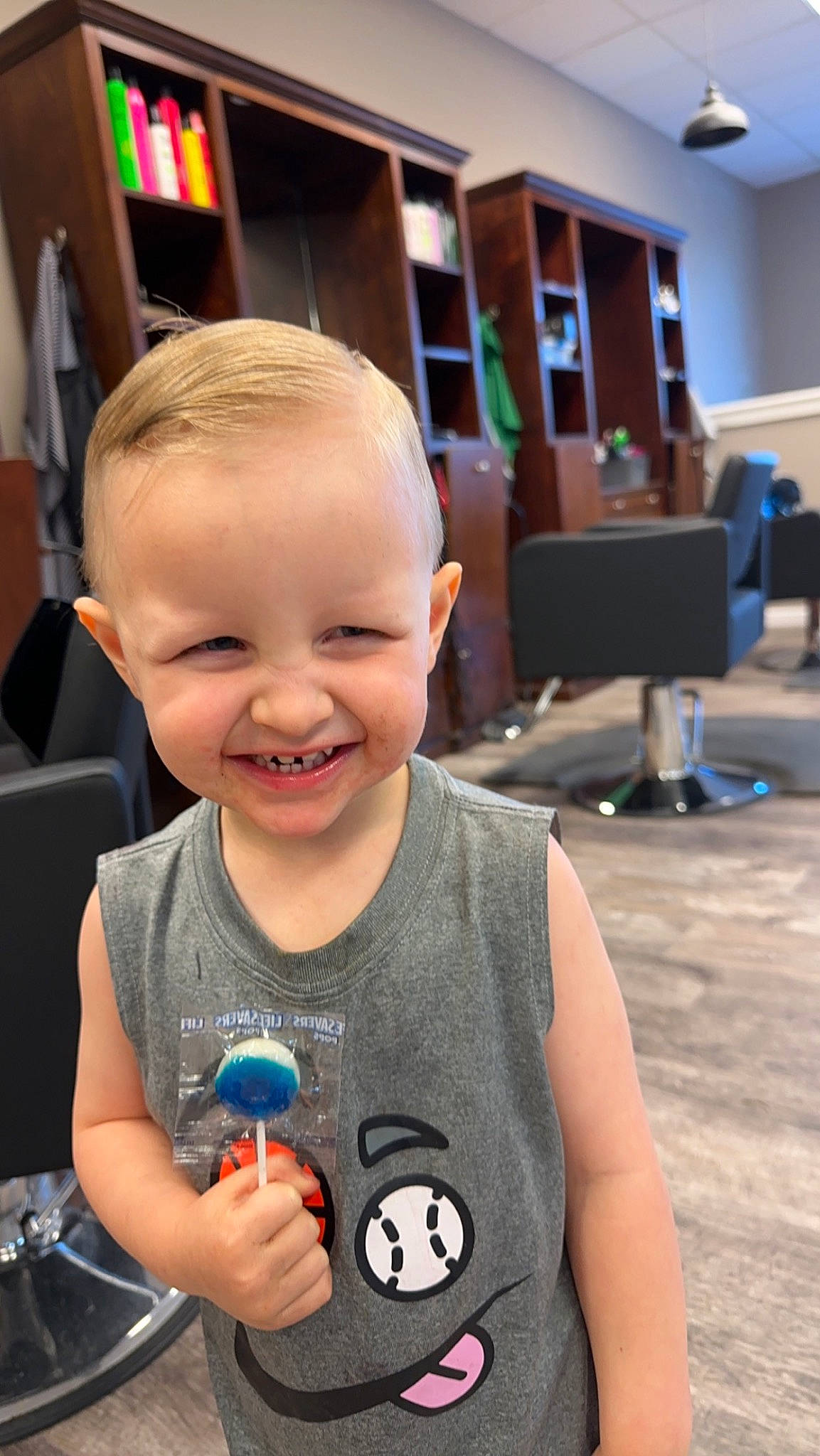Carter joined the competition — help win amazing prizes! baby, baby_toddler_clothing, child, facial_expression, finger, flooring, fun, hairstyle, happy, joy, leisure, person, play, sitting, sleeve, smile, snapshot, standing, t_shirt, technology