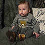 Elijah is registered to the contest to win money with this photo: baby, bear, boots, child, couch, cozy, curious, cute, gray, home_interior, indoors, infant, knit_pants, pillow, portrait, seated, small_hands, sweatshirt, texture, wide_eyes