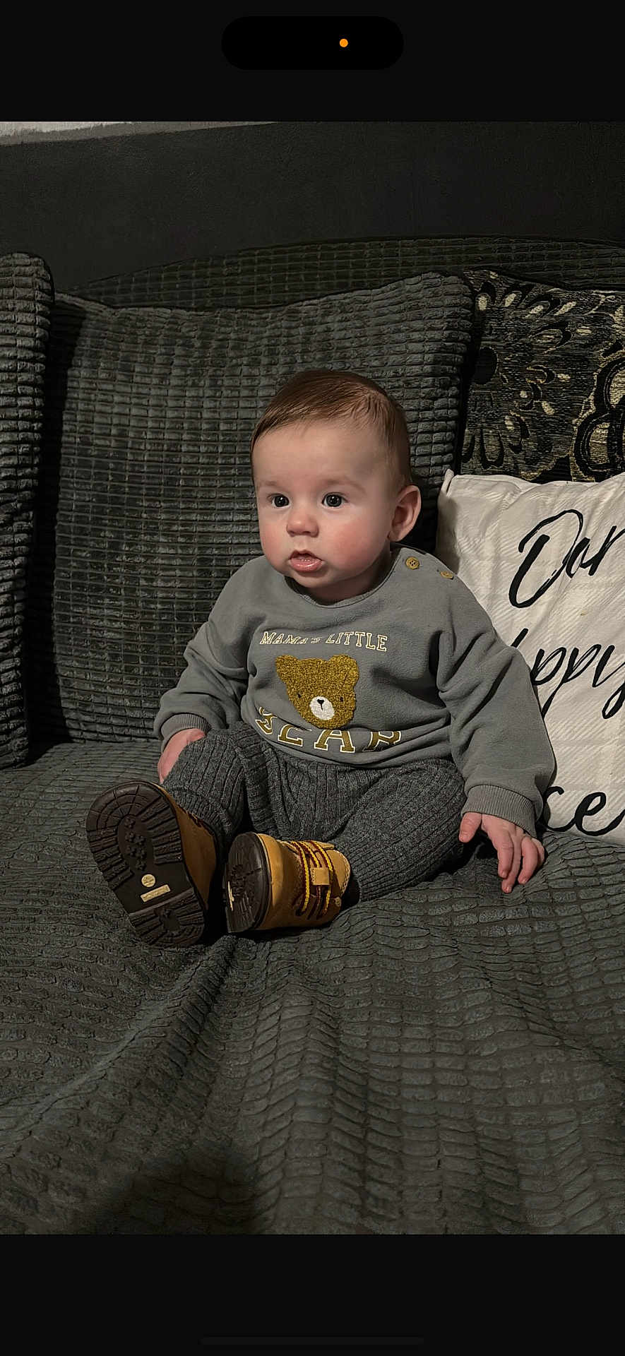 Elijah is registered to the contest to win money with this photo: baby, bear, boots, child, couch, cozy, curious, cute, gray, home_interior, indoors, infant, knit_pants, pillow, portrait, seated, small_hands, sweatshirt, texture, wide_eyes