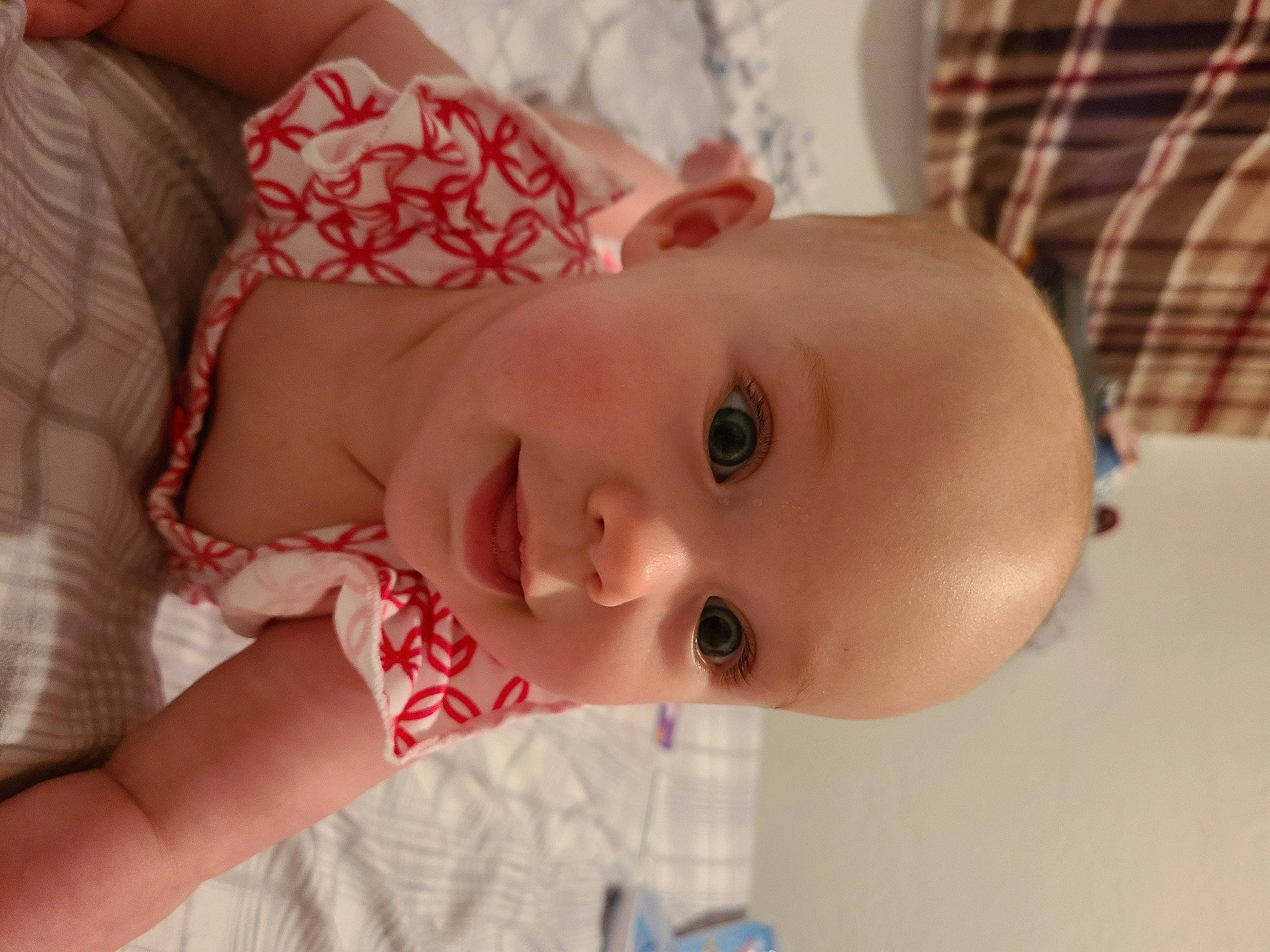 Harlem joined the competition — help win amazing prizes! baby, baby_toddler_clothing, cheek, dress, ear, eyebrow, eyelash, finger, hand, happy, human_body, iris, lip, mouth, nose, person, skin, smile, tartan, textile