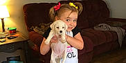 Ellie is registered to the contest to win money with this photo: blanket, casual_clothing, child, couch, cute, dog, floor, furniture, hair_bow, happy, holding, indoor, lamp, living_room, puppy, small_dog, smiling, table, water_bottle, wood_floor