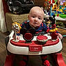 Clayton is registered to the contest to win money with this photo: baby, walker, toy, mickey_mouse, indoor, child, floor, plastic, furniture, colorful, play, infant, person, head, face, footwear, car_seat, room, lighting, curious