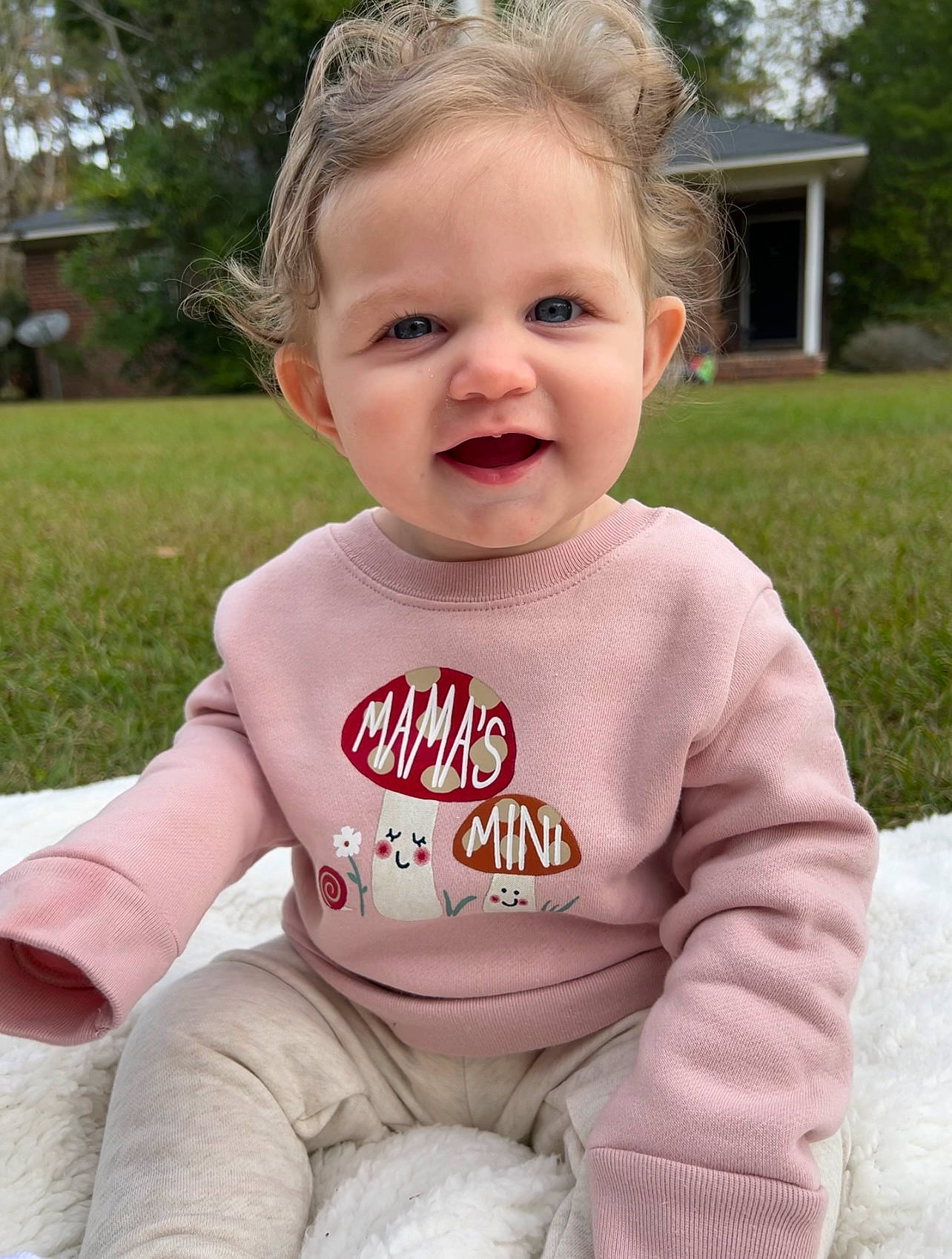 Harlynn joined the competition — help win amazing prizes! baby, baby_toddler_clothing, child, cool, eye, face, grass, hair, hairstyle, happy, head, lip, person, pink, plant, skin, sleeve, smile, toddler, tree