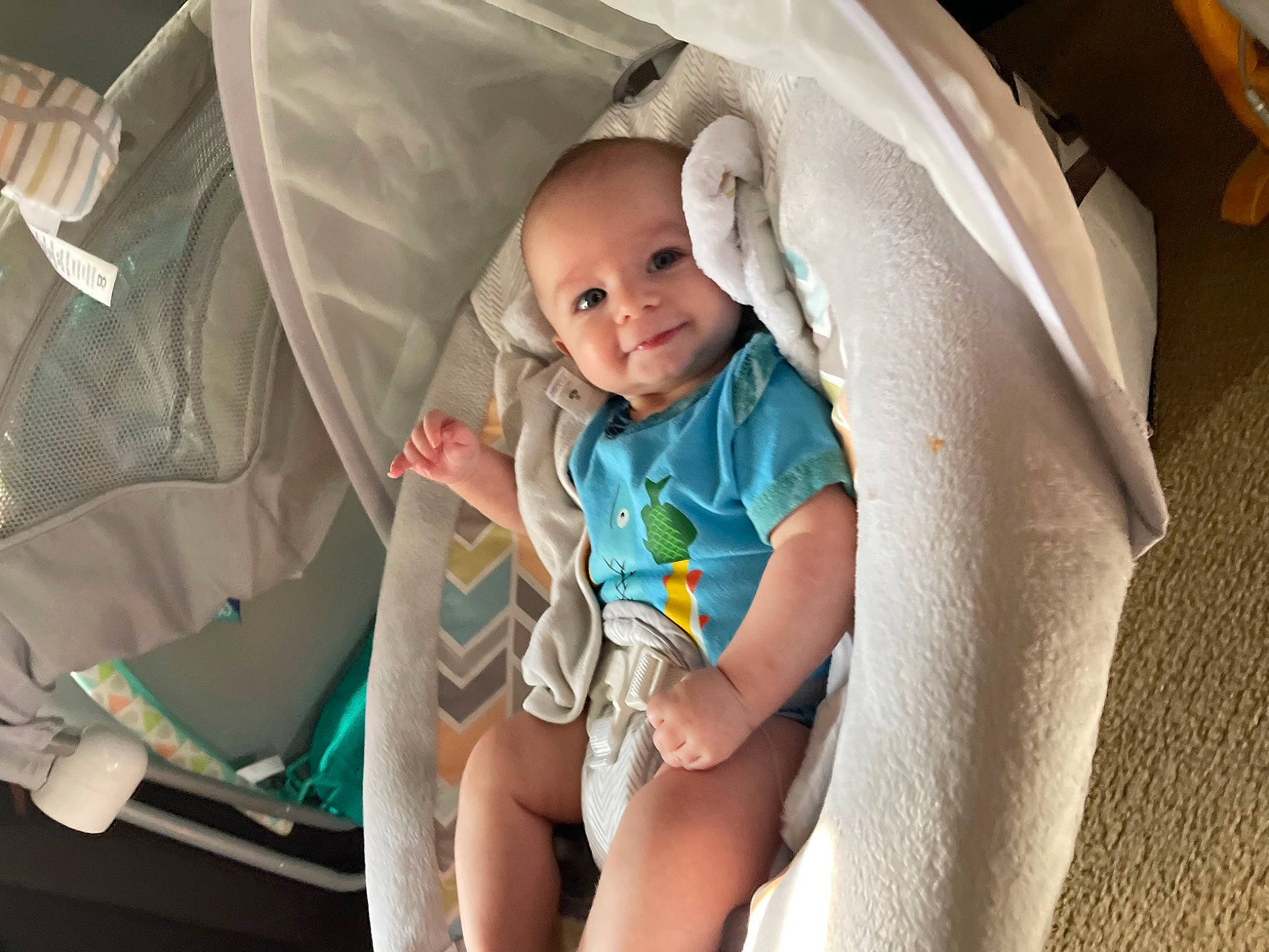 Halen is registered to the contest to win money with this photo: baby, baby_carriage, baby_products, baby_safety, baby_toddler_clothing, child, comfort, eye, face, fun, grass, happy, person, room, sitting, skin, smile, toddler, vacation