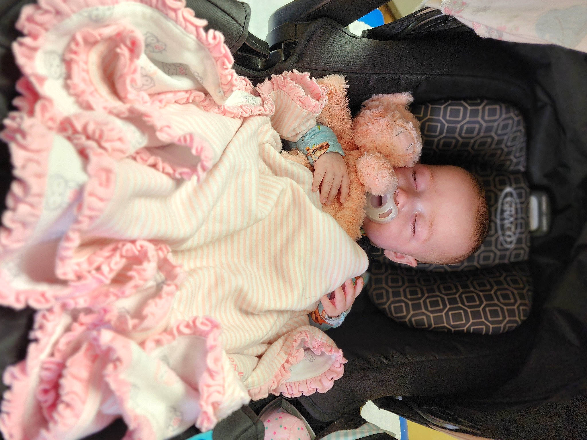 Francheska is registered to the contest to win money with this photo: baby, baby_carriage, baby_products, baby_sleeping, baby_toddler_clothing, car_seat, cheek, child, comfort, fur, infant_bed, linens, magenta, pattern, peach, person, pink, room, skin, toddler