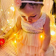 Aurora joined the competition — help win amazing prizes! baby, blanket, child, curly_hair, cute, decorative_lights, dress, fairy_lights, flower, glowing, headband, indoors, peach, pink, portrait, sitting, soft_texture, toddler, warm_lighting, young_child