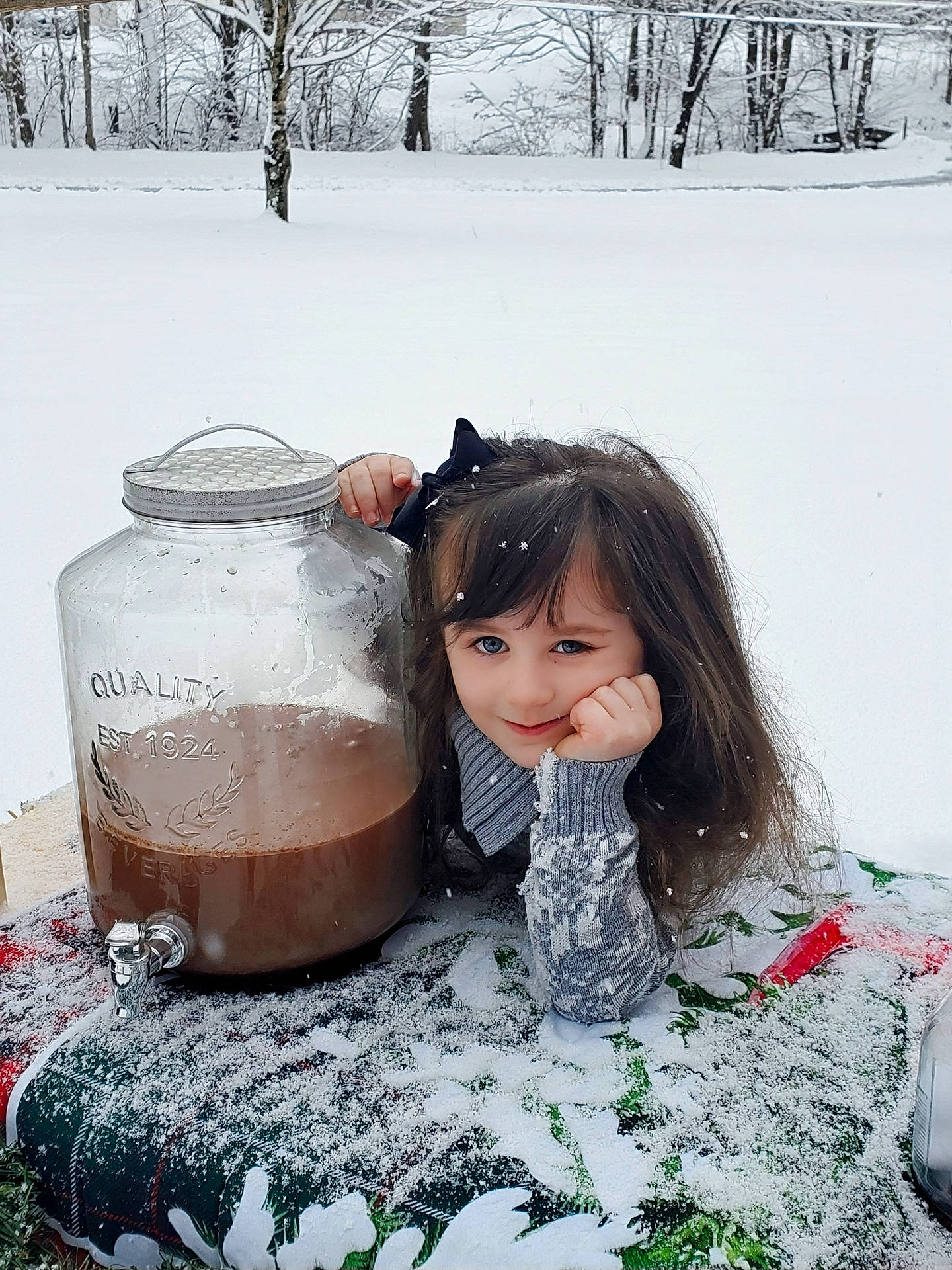 Lylli joined the competition — help win amazing prizes! brown_hair, child, doll, dress, drink, drinkware, event, freezing, fur, grass, happy, joy, person, photograph, sitting, snapshot, snow, spring, toy, tree