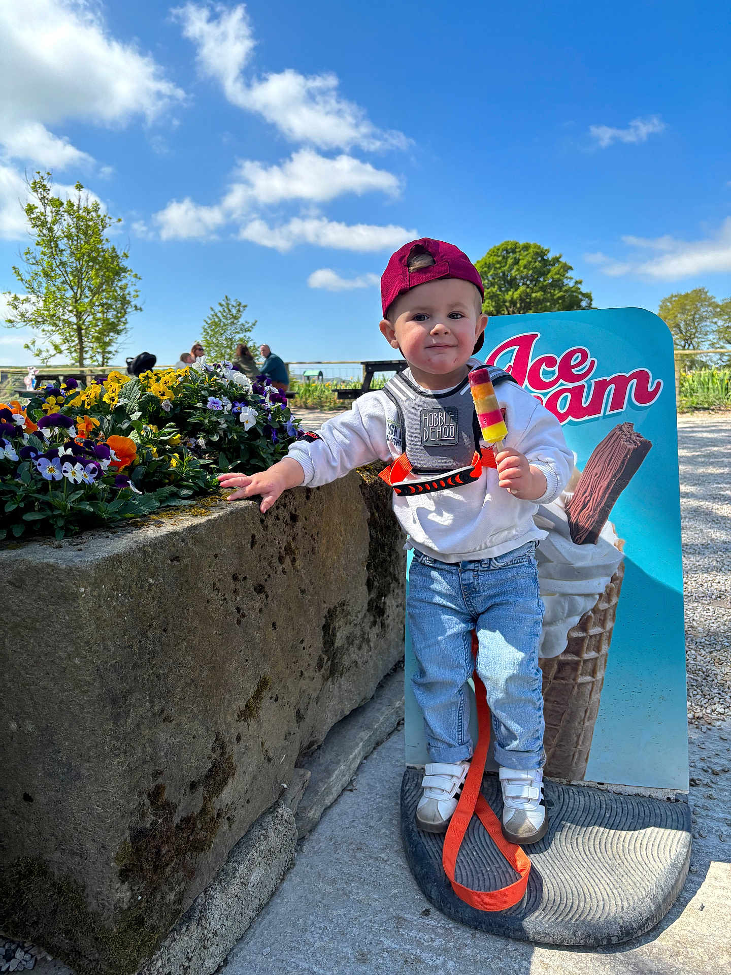 Kaison joined the competition — help win amazing prizes! toddler, child, red_cap, popsicle, flowers, stone_planter, advertisement, ice_cream, outdoor, daylight, blue_sky, clouds, jeans, white_sneakers, casual_clothing, playful, smiling, nature, bench, gravel_path