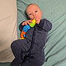 Jerico joined the competition — help win amazing prizes! baby, bed, blue_clothing, child, colorful_toy, curious, cute, face, hand, indoor, infant, infant_toy, lying_down, onesie, person, pillow, relaxed, sleepwear, soft_lighting, toy