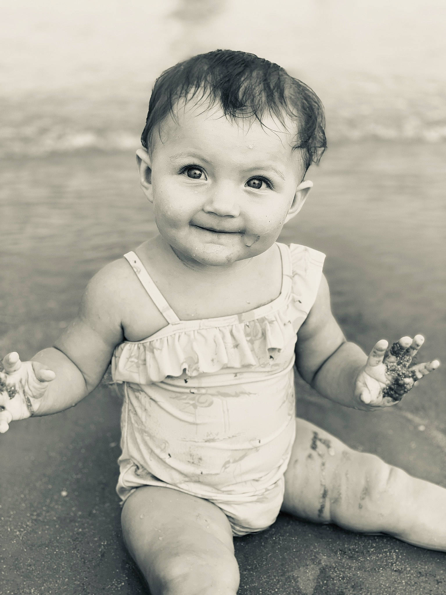 Coralee joined the competition — help win amazing prizes! black_and_white, cheek, child, eye, face, facial_expression, fun, head, monochrome, monochrome_photography, person, photograph, photography, play, portrait, skin, smile, snapshot, standing, toddler