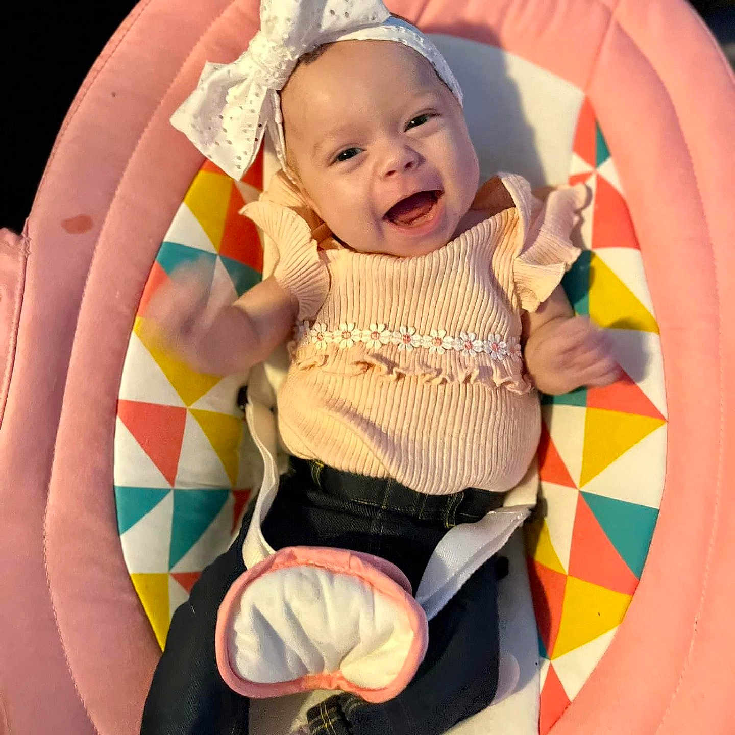 Addison joined the competition — help win amazing prizes! accessories, baby, babylaughing, bonnet, clothing, face, furniture, glove, happy, hat, head, homedecor, jewelry, necklace, pants, person, photography, portrait, scarf, sitting