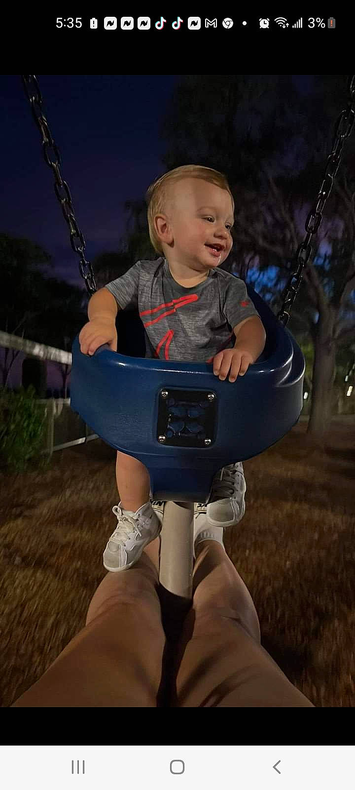 Rayden joined the competition — help win amazing prizes! baby, baby_products, child, cool, electric_blue, flash_photography, fun, grass, hand, happy, leisure, outdoor_play_equipment, person, plant, recreation, smile, sneakers, swing, toddler, tree
