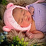 Adalynn is registered to the contest to win money with this photo: newborn, baby, sleeping, purple_blanket, pink_hat, knitted_hat, bear_ears, fur_rug, greenery, berries, closeup, portrait, infant, peaceful, soft_texture, cute, resting, cozy, child, wrapped