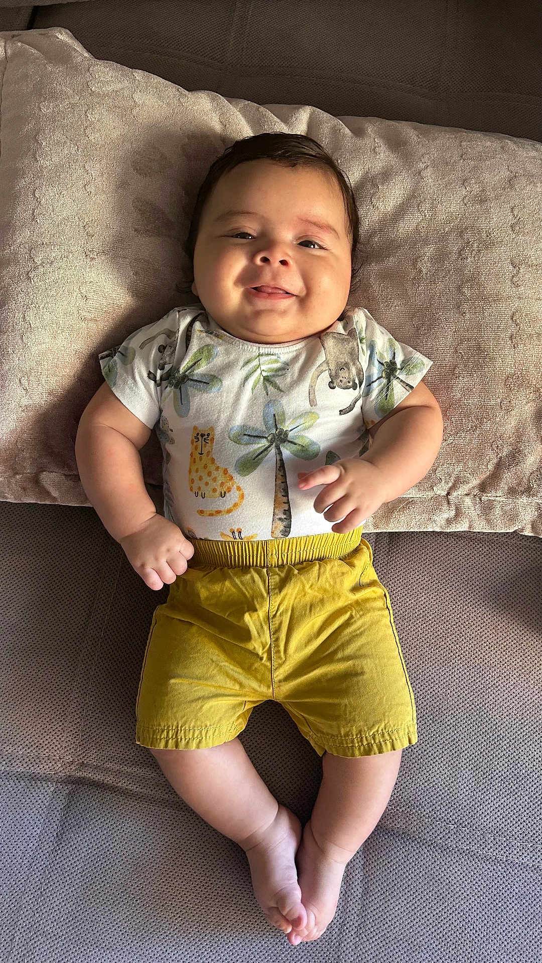Haroun a rejoint le concours — aidez-le/la à gagner de superbes lots ! baby, smiling, infant, child, cute, yellow_shorts, animal_print, shirt, cushion, pillows, happy, portrait, indoors, soft_texture, lying_down, hands, feet, skin, hair, face