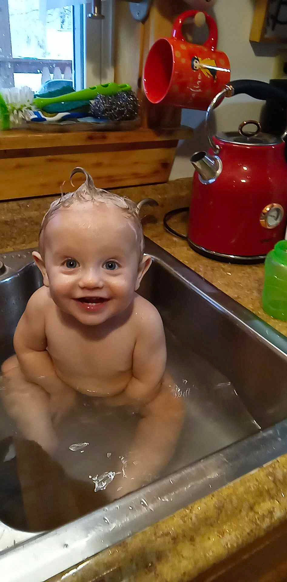 Elisha joined the competition — help win amazing prizes! baby, baby_bathing, bathing, cheek, chest, child, fluid, fun, gas, happy, joy, kitchen_appliance, leisure, person, plant, plumbing, product, serveware, smile, tableware