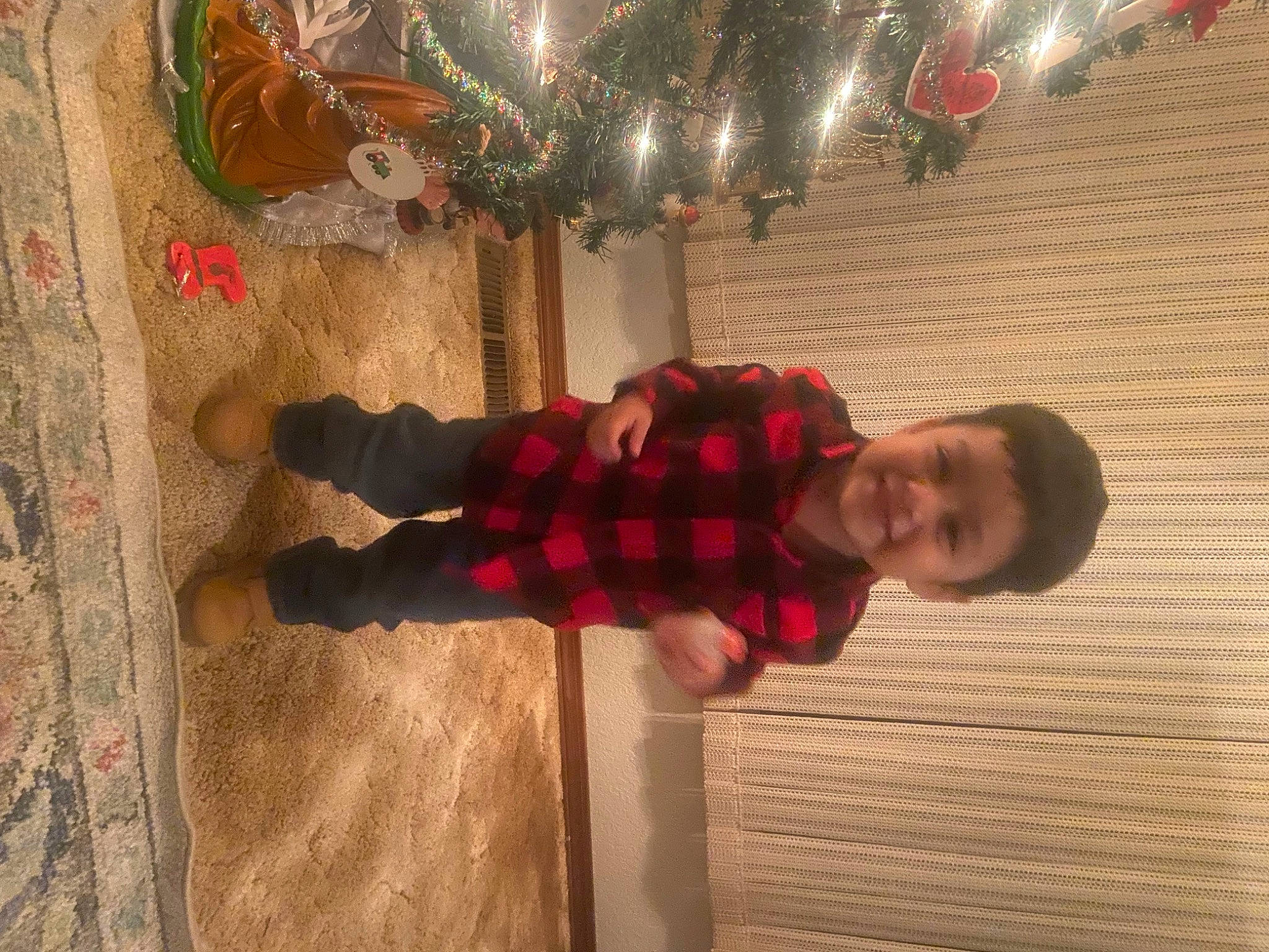 Idelfonso Rosario is registered to the contest to win money with this photo: baby, ceiling, christmas_ornament, event, floor, flooring, fun, hardwood, holiday, holiday_ornament, joy, light, lighting, ornament, pattern, person, plant, red, room, toddler