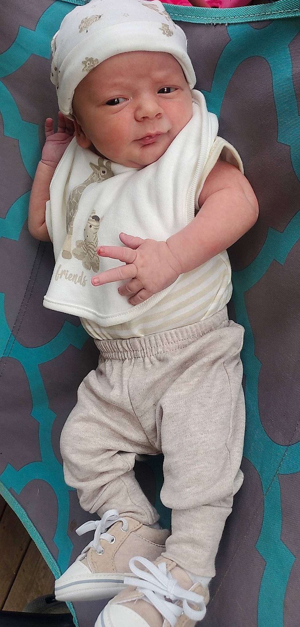 Grayson joined the competition — help win amazing prizes! baby, baby_toddler_clothing, blue, child, comfort, face, gesture, green, hand, happy, headwear, leg, linens, outerwear, person, pink, product, skin, sleeve, textile