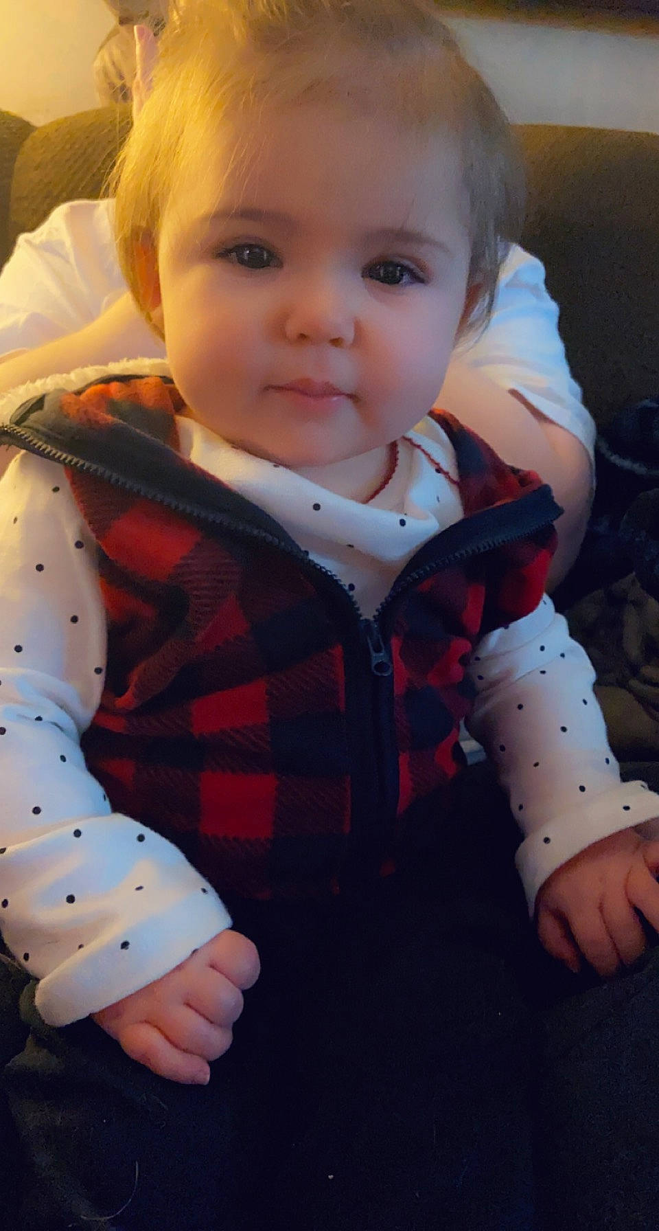 Vivian is registered to the contest to win money with this photo: baby, baby_toddler_clothing, cheek, child, collar, comfort, finger, iris, lip, nose, organ, pattern, person, plaid, sitting, skin, sleeve, smile, standing, textile