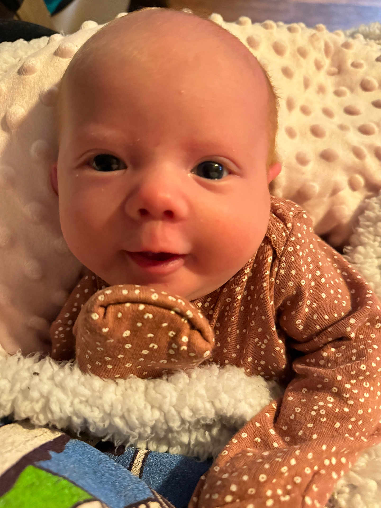 Maddilynn is registered to the contest to win money with this photo: baby, infant, face, smile, clothing, blanket, cozy, cute, child, newborn, portrait, apparel, warm, patterned, soft, young, indoor, person, head, expression