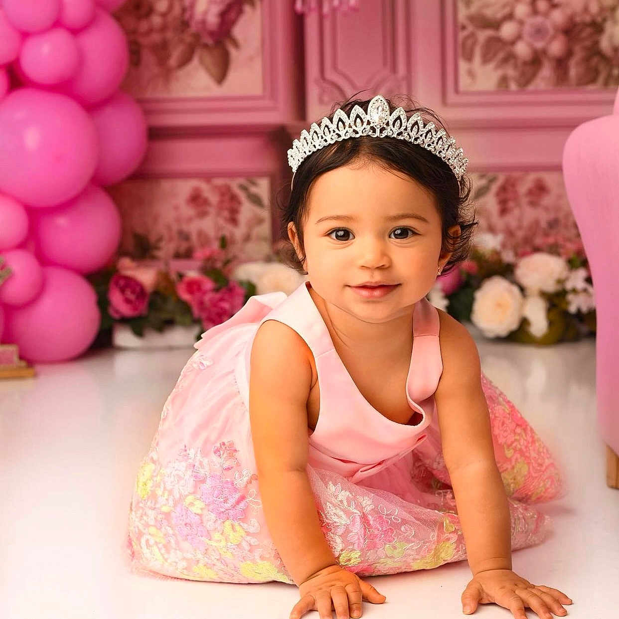 Enya Shadey is registered to the contest to win money with this photo: accessories, baby, babycrawling, child, clothing, crawling, dress, female, girl, jewelry, person, sitting, sleeve, tiara