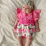 Rose is registered to the contest to win money with this photo: adorable, baby, blanket, bow, butterfly_pattern, child, cute, fashion, floral_pattern, headband, heart_pattern, indoors, infant, lying_down, newborn, pink_dress, portrait, socks, soft_texture, young