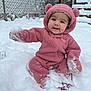 baby, child, clothing, cold, cute, face, fence, frozen, fuzzy, happy, hood, outdoor, pink_onesie, playful, sitting, smiling, snow, snowball, stairs, winter