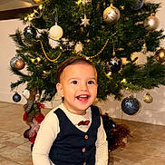 Milaan participe au concours pour gagner de l'argent avec cette photo : child, toddler, smiling, christmas_tree, ornaments, lights, holiday, indoor, floor, barefoot, vest, bow_tie, happy, celebration, festive, decorations, person, clothing, young_child, seated