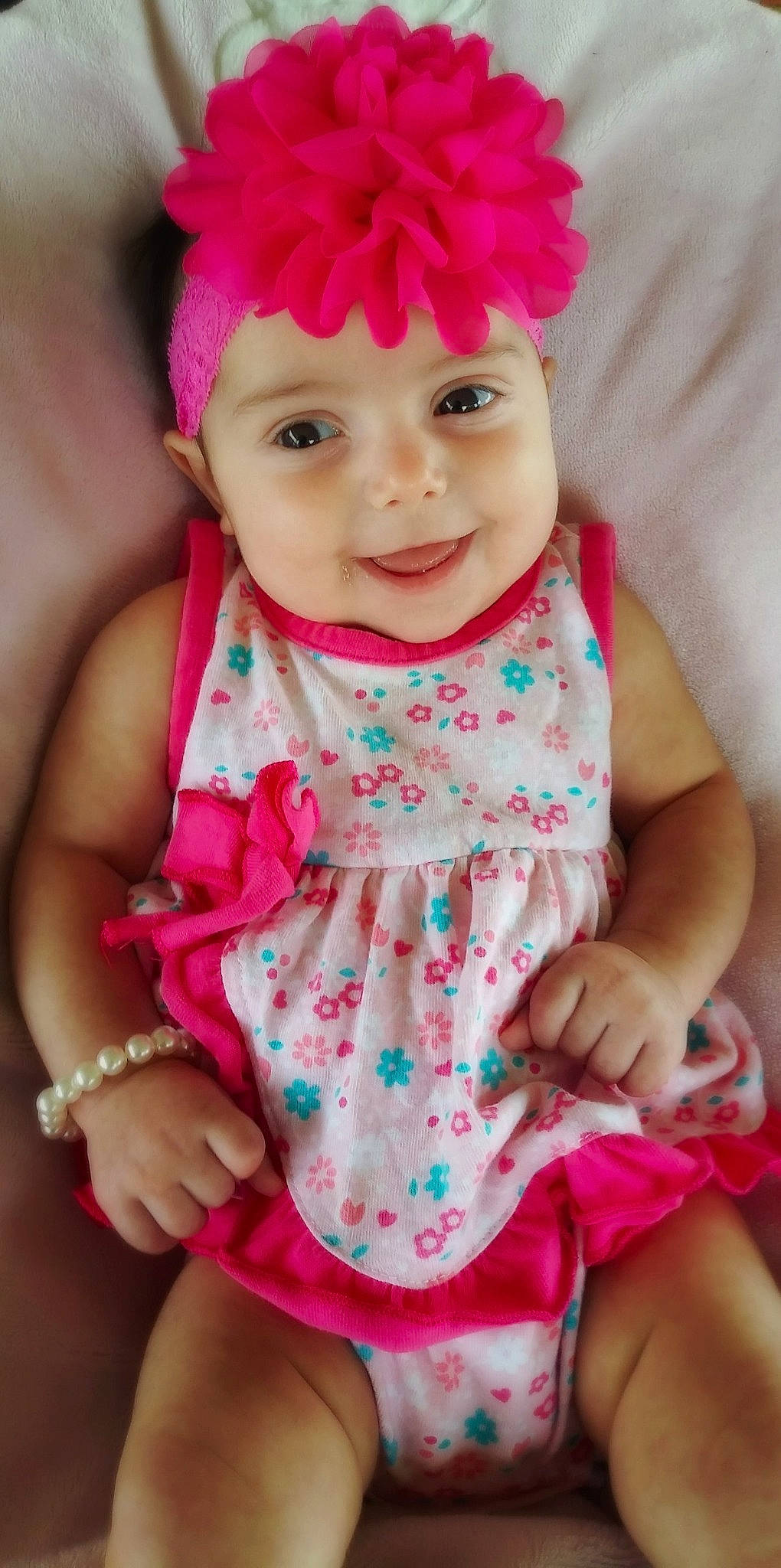 Eden joined the competition — help win amazing prizes! baby, baby_products, baby_toddler_clothing, cheek, child, child_model, doll, fashion_accessory, hair_accessory, headband, headgear, headwear, joy, person, pink, play, product, smile, textile, toddler