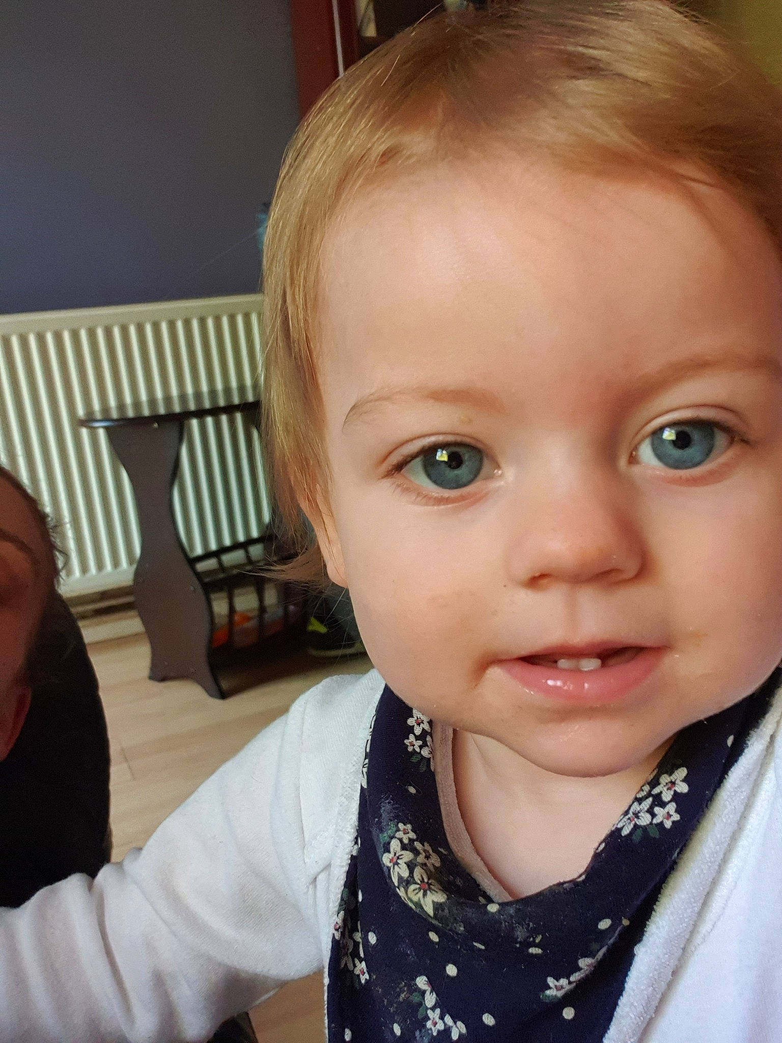 Maisie is registered to the contest to win money with this photo: baby, blond, cheek, child, chin, eye, eyebrow, face, facial_expression, forehead, hair, hairstyle, head, iris, lip, nose, organ, person, skin, smile