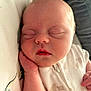 Adeline joined the competition — help win amazing prizes! baby, sleeping, infant, peaceful, hand, face, white_clothing, sheep_pattern, cozy, soft_fabric, portrait, child, newborn, resting, closed_eyes, cute, skin, mouth, nose, relaxation