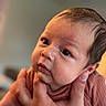 Grayson joined the competition — help win amazing prizes! baby, infant, face, hand, skin, eyes, person, portrait, newborn, expression, curious, human, child, holding, closeup, soft_light, indoors, young, cute, head