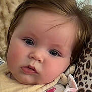 Kylie joined the competition — help win amazing prizes! baby, child, face, blue_eyes, brown_hair, bib, colorful_clothing, cushion, leopard_print, closeup, portrait, indoor, soft_light, toddler, resting, cute, infant, skin, expression, young