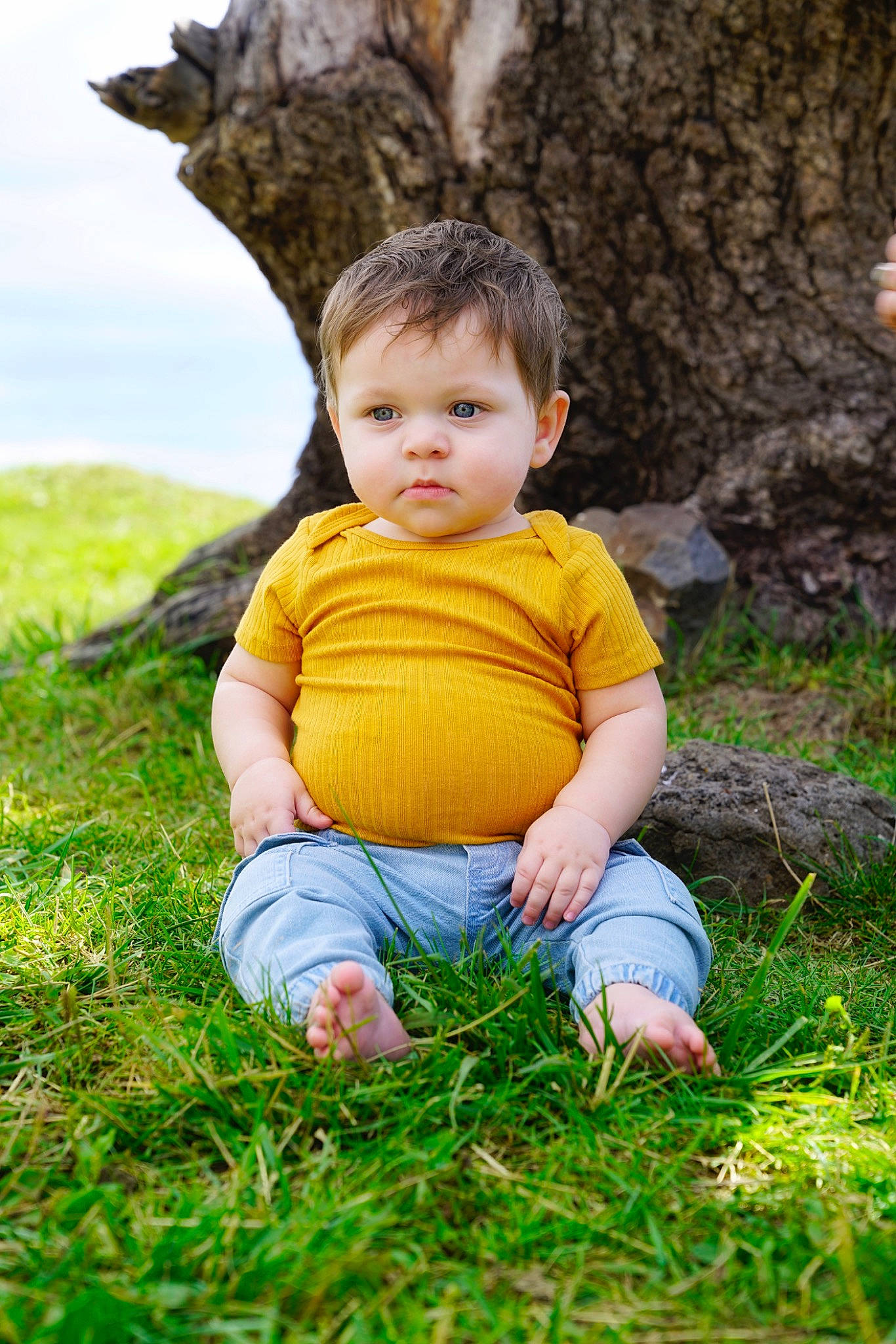 Eddie is registered to the contest to win money with this photo: baby_toddler_clothing, child, flash_photography, fun, grass, grassland, happy, leaf, leisure, meadow, people_in_nature, person, plant, sitting, sky, spring, t_shirt, toddler, tree, trunk