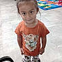 Selena joined the competition — help win amazing prizes! child, indoor, playroom, floor, orange_shirt, cow_graphic, patterned_pants, smiling, standing, toy, playmat, colorful, person, young, casual_clothing, hair_tied, shoes, cute, happy, kid