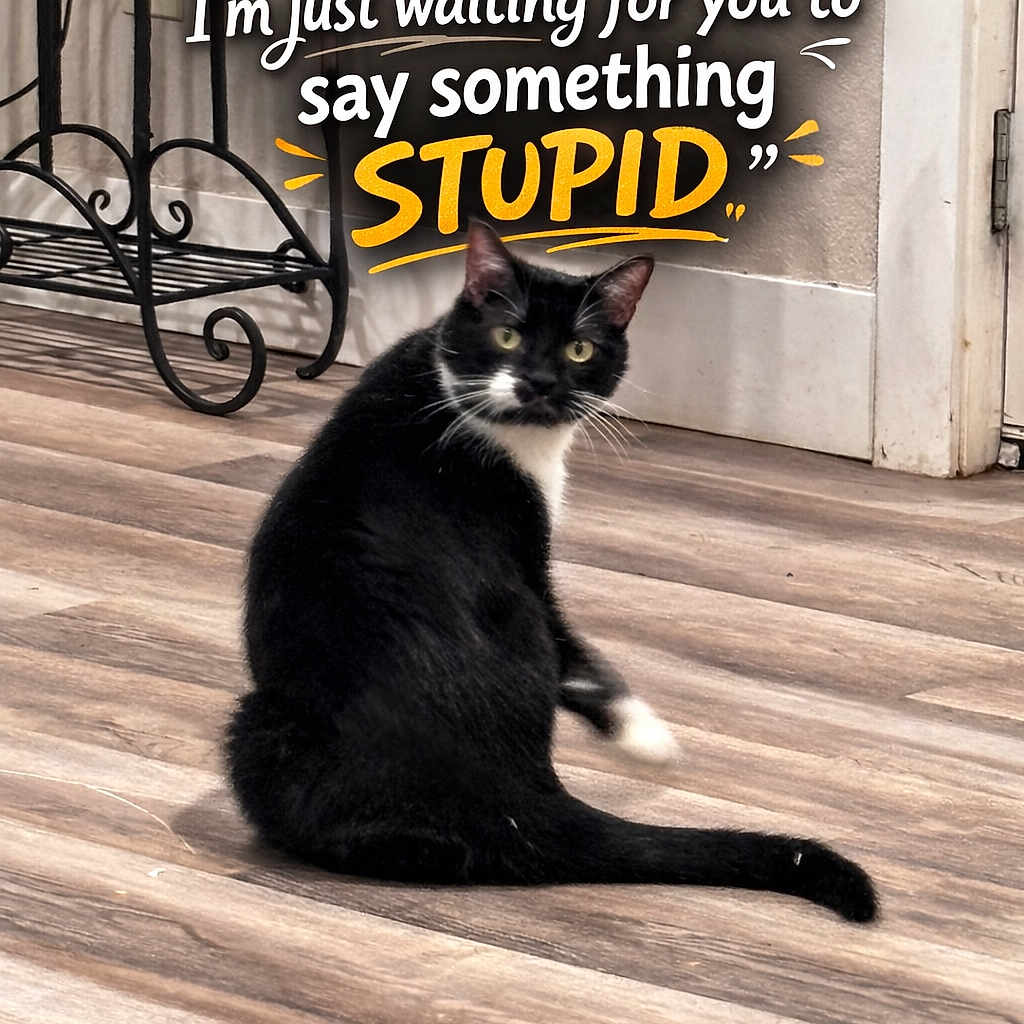 Thunder Paws joined the competition — help win amazing prizes! animal, black_and_white_cat, cat, curious, decorative_metal_stand, domestic_animal, door, feline, flooring, funny_text, house, humor, indoor, looking_back, pet, sitting, text_overlay, wall, whiskers, wooden_floor
