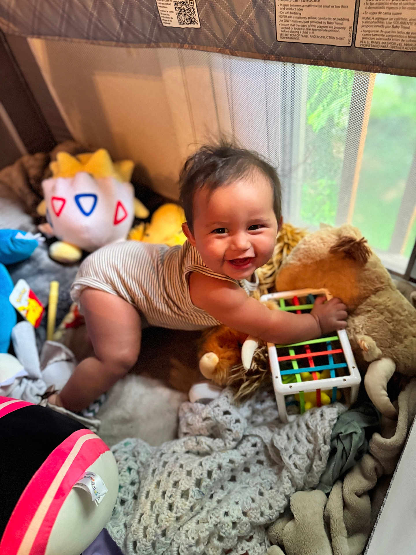 Ryp joined the competition — help win amazing prizes! baby, child, smiling, toys, stuffed_animals, playpen, indoor, happy, crawling, striped_onesie, blanket, window, colorful, plush, cute, infant, soft_toys, playtime, cozy, person
