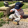 cap, casual, child, flowers, garden, grass, gravel, greenery, hat, mug, outdoor, pants, playful, shadow, sitting, stone_wall, stones, sunlight, toddler, white_clothing