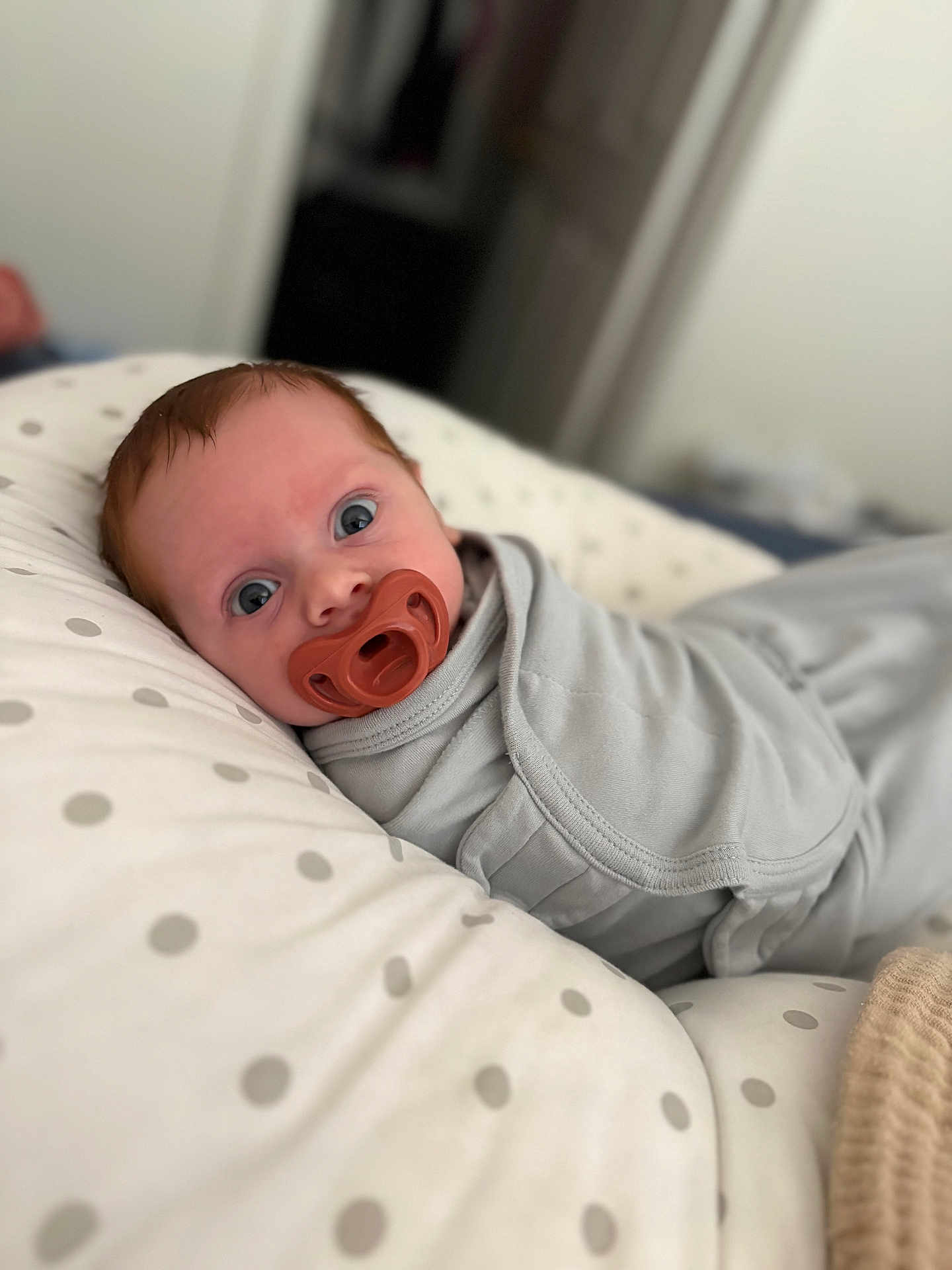 Scot joined the competition — help win amazing prizes! baby, infant, newborn, pacifier, swaddle, pillow, polka_dot, blue_eyes, blanket, nursery, portrait, close_up, soft_focus, indoor, resting, cute, curious, skin, sleepwear, bedding